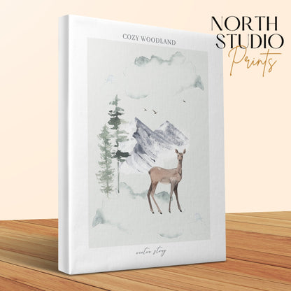 Premium Poster of Cozy Woodland Deer and Mountains Nursery Canvas Wraps
