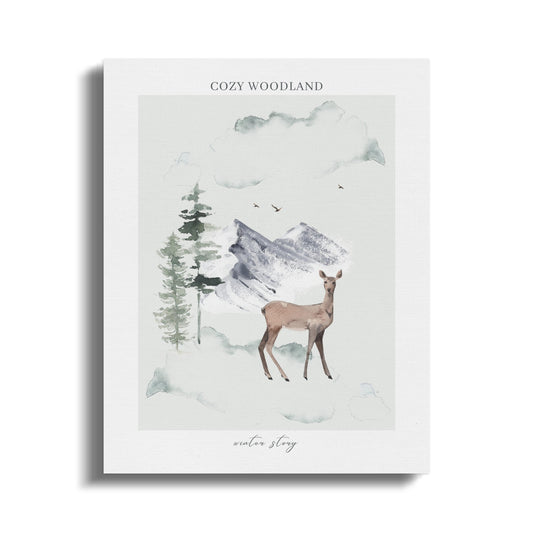 Premium Poster of Cozy Woodland Deer and Mountains Nursery Canvas Wraps