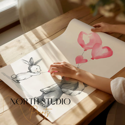 Premium Poster of Cute Animal Friends Holding Heart Balloons Posters