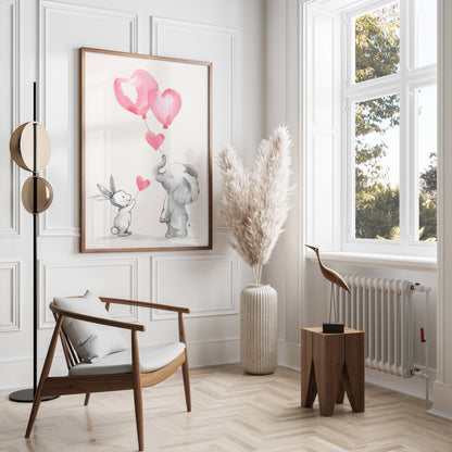 Premium Poster of Cute Animal Friends Holding Heart Balloons Posters