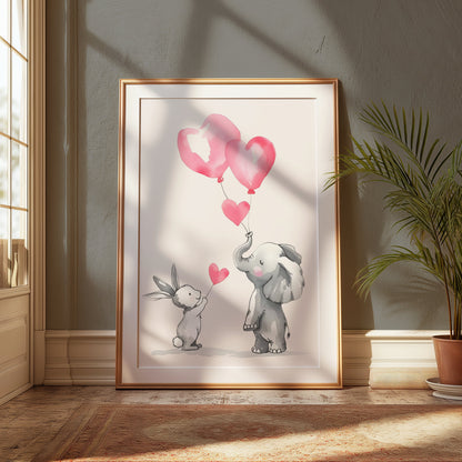 Premium Poster of Cute Animal Friends Holding Heart Balloons Posters