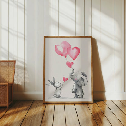 Premium Poster of Cute Animal Friends Holding Heart Balloons Posters