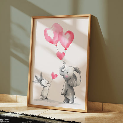 Premium Poster of Cute Animal Friends Holding Heart Balloons Posters