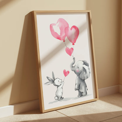 Premium Poster of Cute Animal Friends Holding Heart Balloons Posters