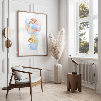 Premium Poster of Cute Animal Friends in a Tea Cup with Balloons Posters