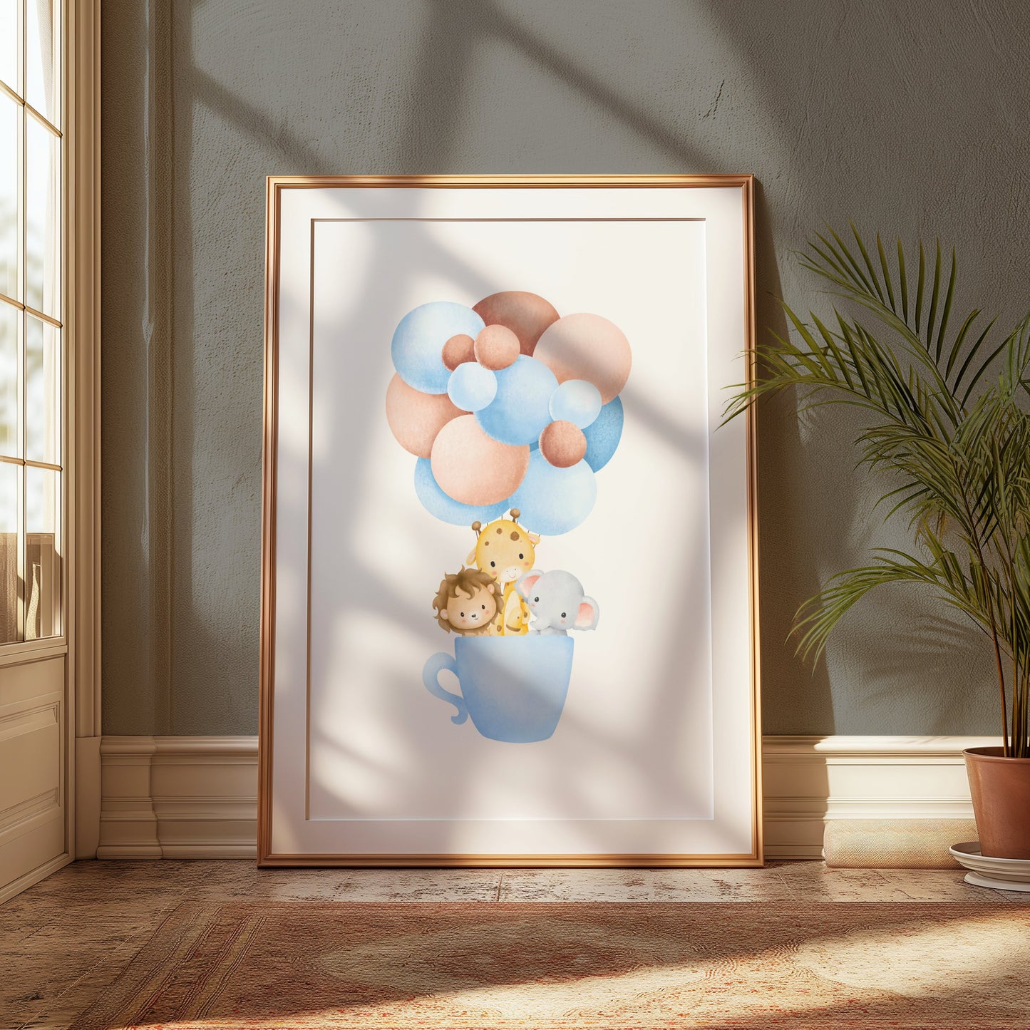 Premium Poster of Cute Animal Friends in a Tea Cup with Balloons Posters