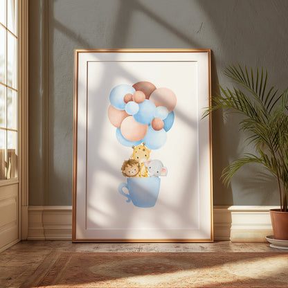 Premium Poster of Cute Animal Friends in a Tea Cup with Balloons Posters