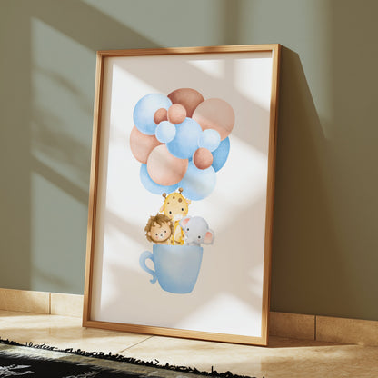 Premium Poster of Cute Animal Friends in a Tea Cup with Balloons Posters