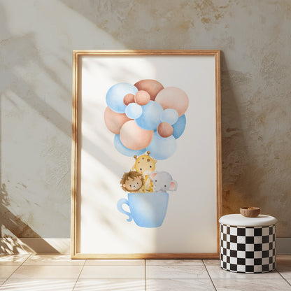 Premium Poster of Cute Animal Friends in a Tea Cup with Balloons Posters