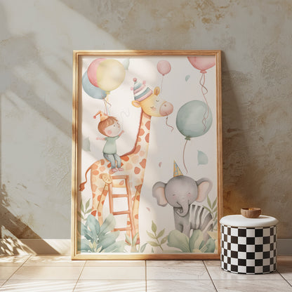 Premium Poster of Cute Animal and Kids Balloon Party Art Posters