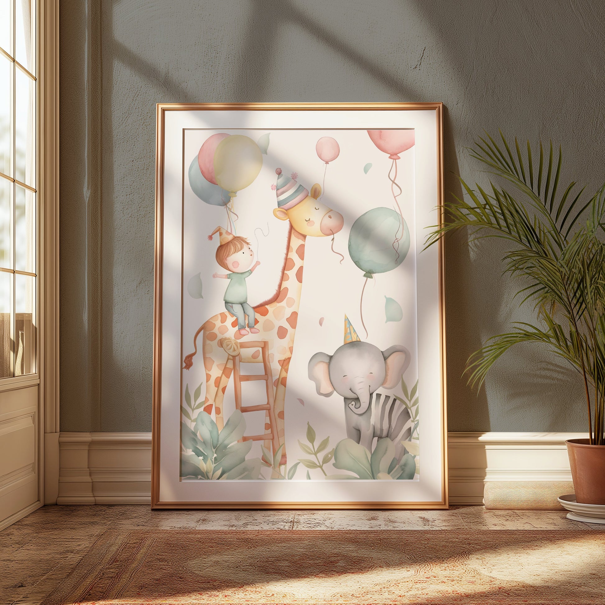 Premium Poster of Cute Animal and Kids Balloon Party Art Posters