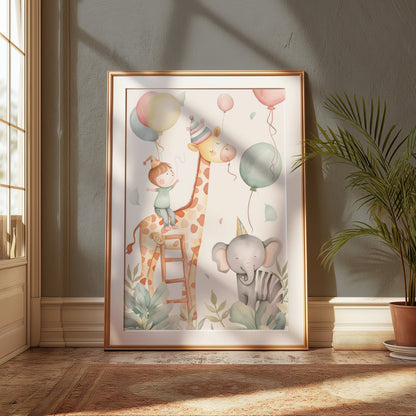 Premium Poster of Cute Animal and Kids Balloon Party Art Posters