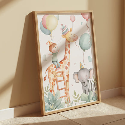 Premium Poster of Cute Animal and Kids Balloon Party Art Posters