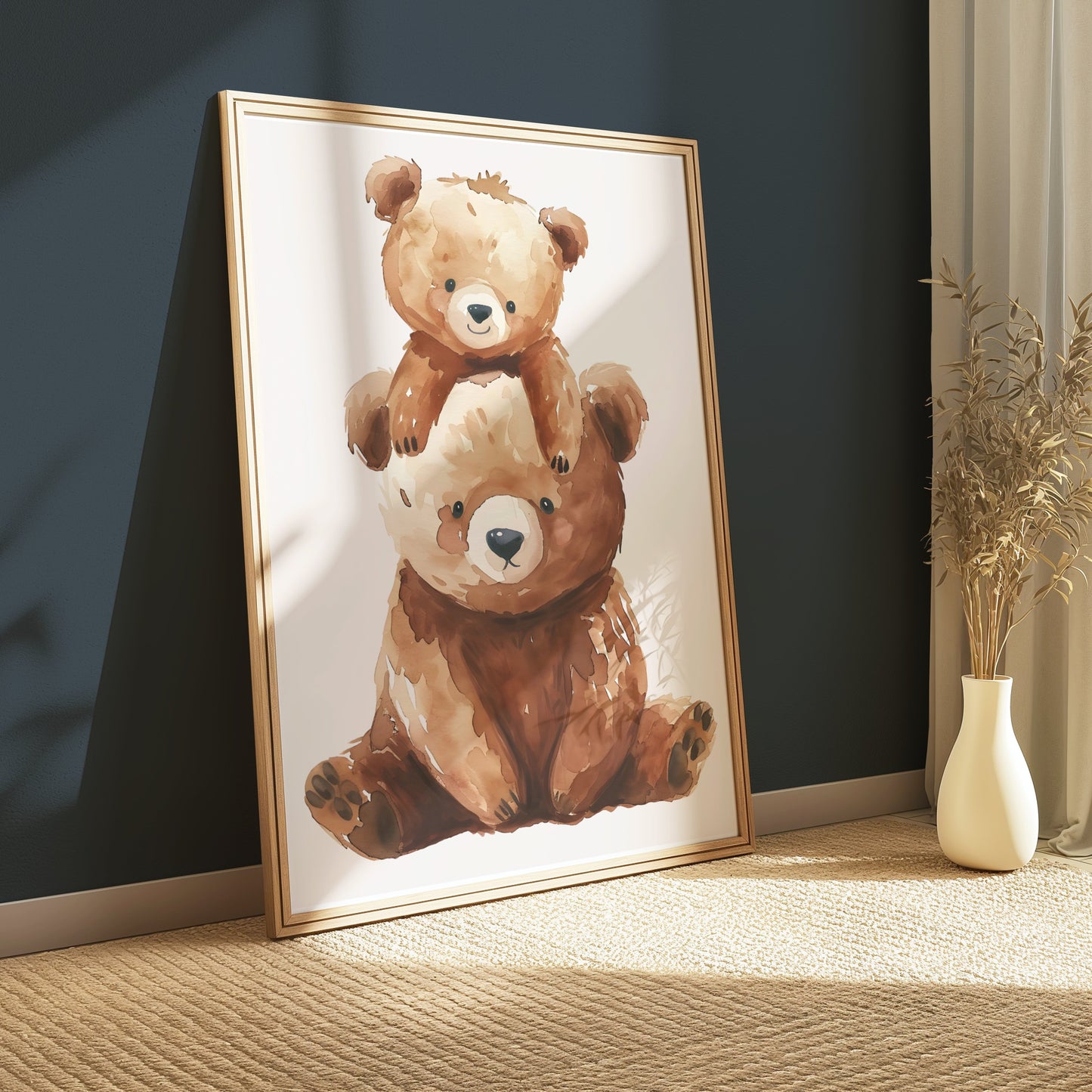 Premium Poster of Cute Baby Bear and Parent Bear Watercolor Art Posters