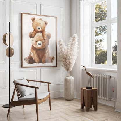 Premium Poster of Cute Baby Bear and Parent Bear Watercolor Art Posters