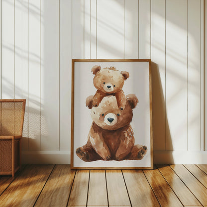 Premium Poster of Cute Baby Bear and Parent Bear Watercolor Art Posters