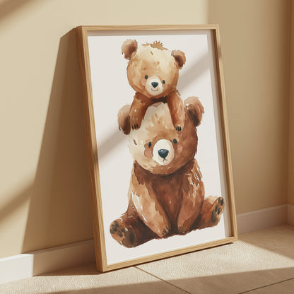 Premium Poster of Cute Baby Bear and Parent Bear Watercolor Art Posters