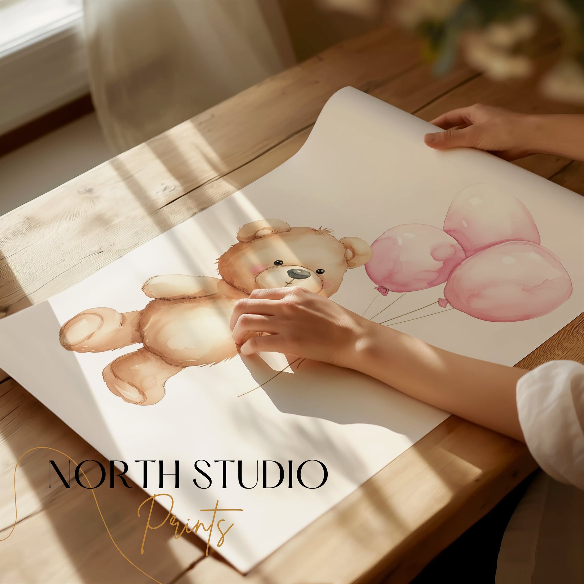 Premium Poster of Cute Bear Holding Pink Balloons Art Posters