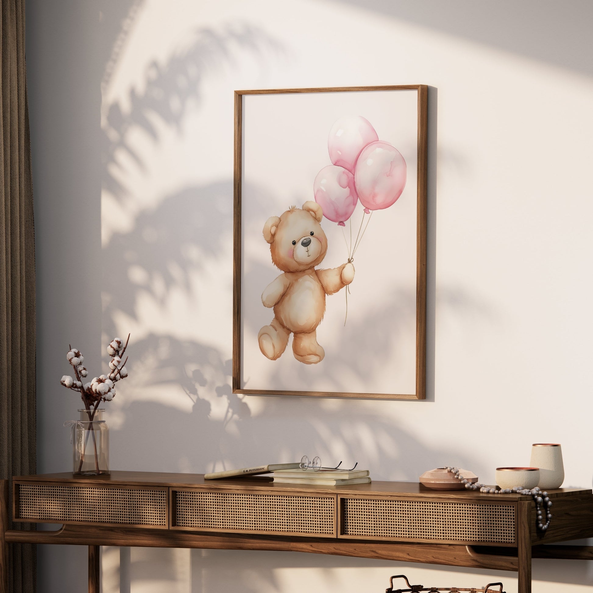 Premium Poster of Cute Bear Holding Pink Balloons Art Posters