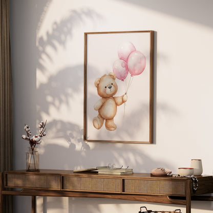 Premium Poster of Cute Bear Holding Pink Balloons Art Posters