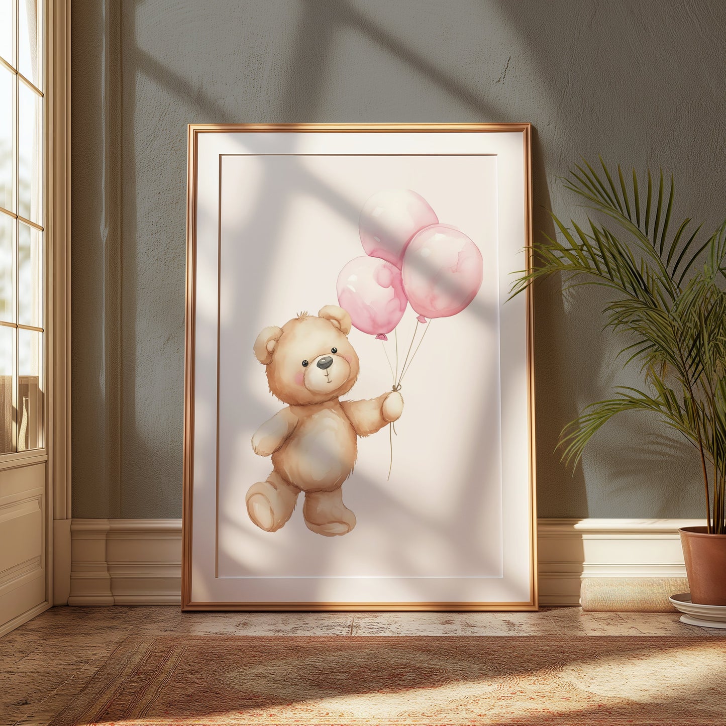 Premium Poster of Cute Bear Holding Pink Balloons Art Posters