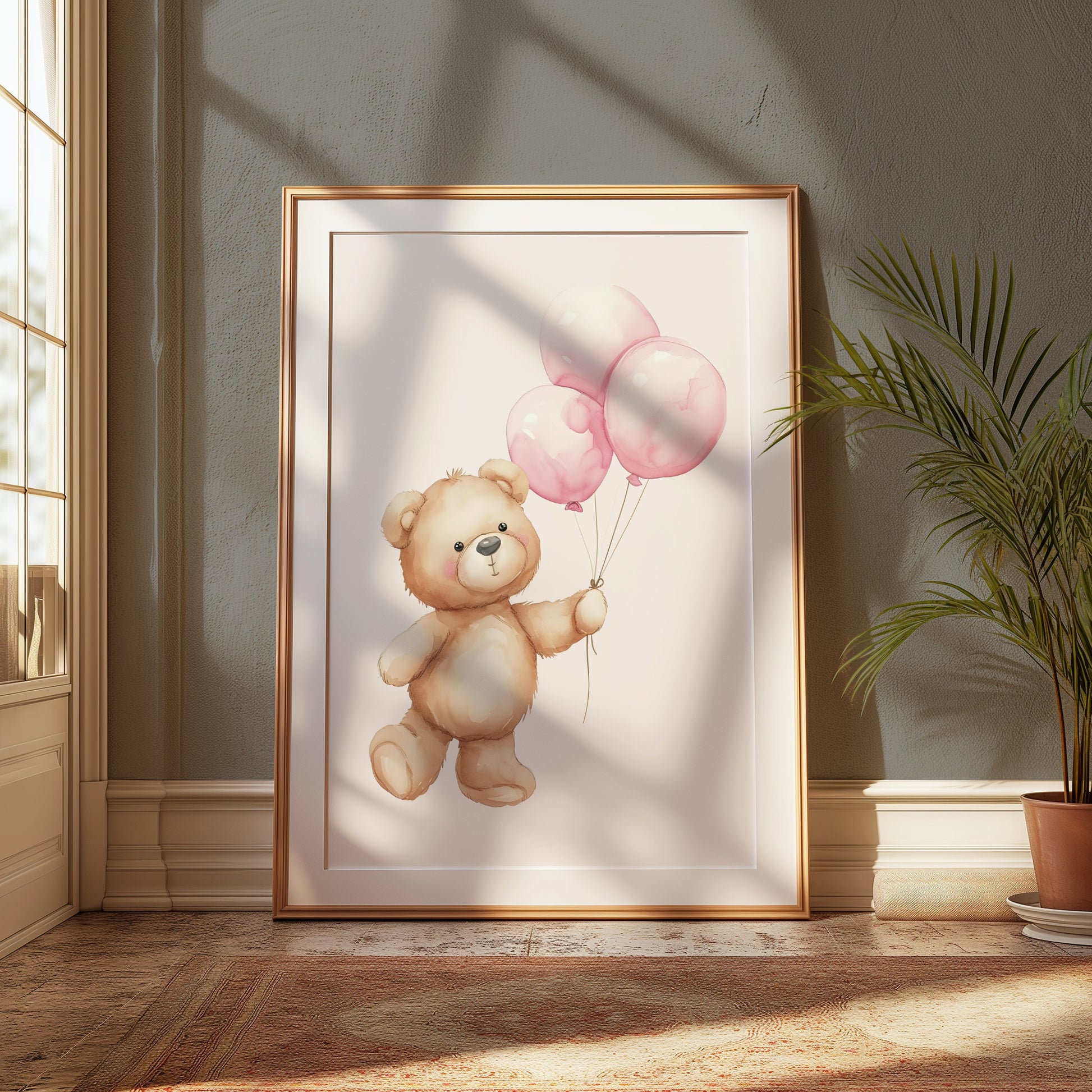 Premium Poster of Cute Bear Holding Pink Balloons Art Posters