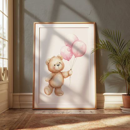 Premium Poster of Cute Bear Holding Pink Balloons Art Posters