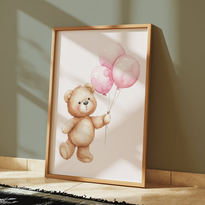 Premium Poster of Cute Bear Holding Pink Balloons Art Posters