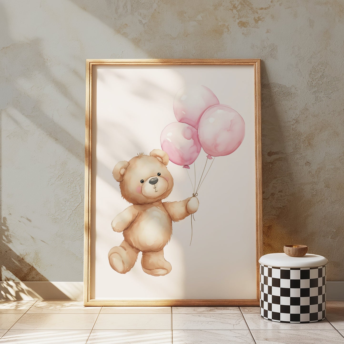 Premium Poster of Cute Bear Holding Pink Balloons Art Posters