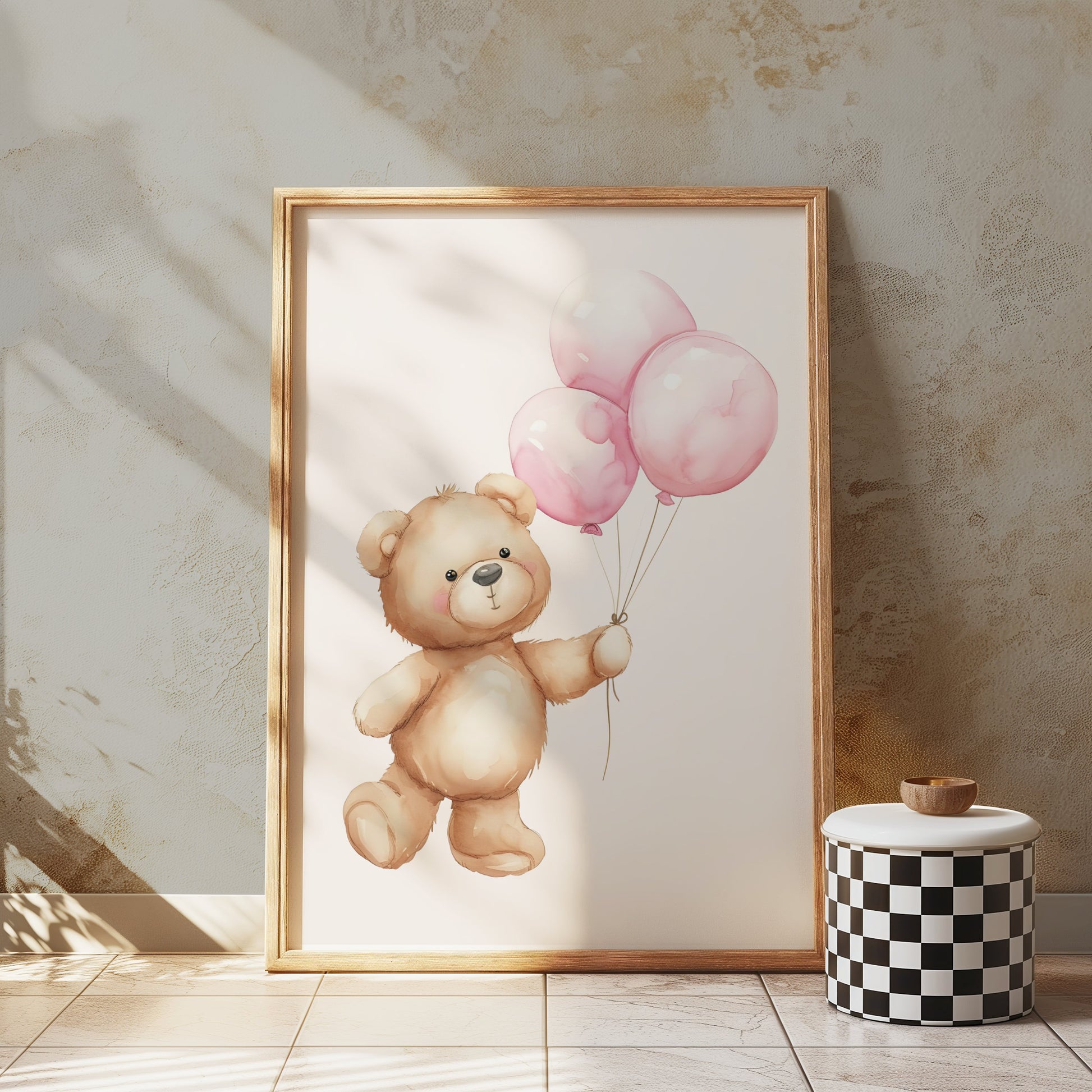 Premium Poster of Cute Bear Holding Pink Balloons Art Posters
