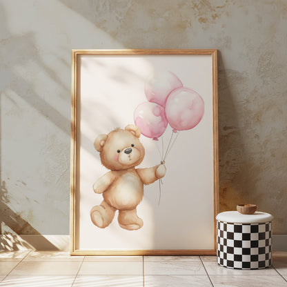 Premium Poster of Cute Bear Holding Pink Balloons Art Posters