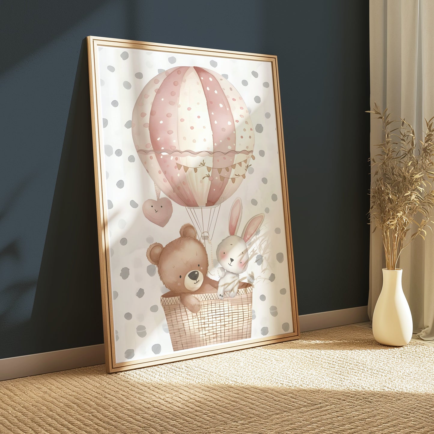 Premium Poster of Cute Bear and Rabbit in Hot Air Balloon Art Posters