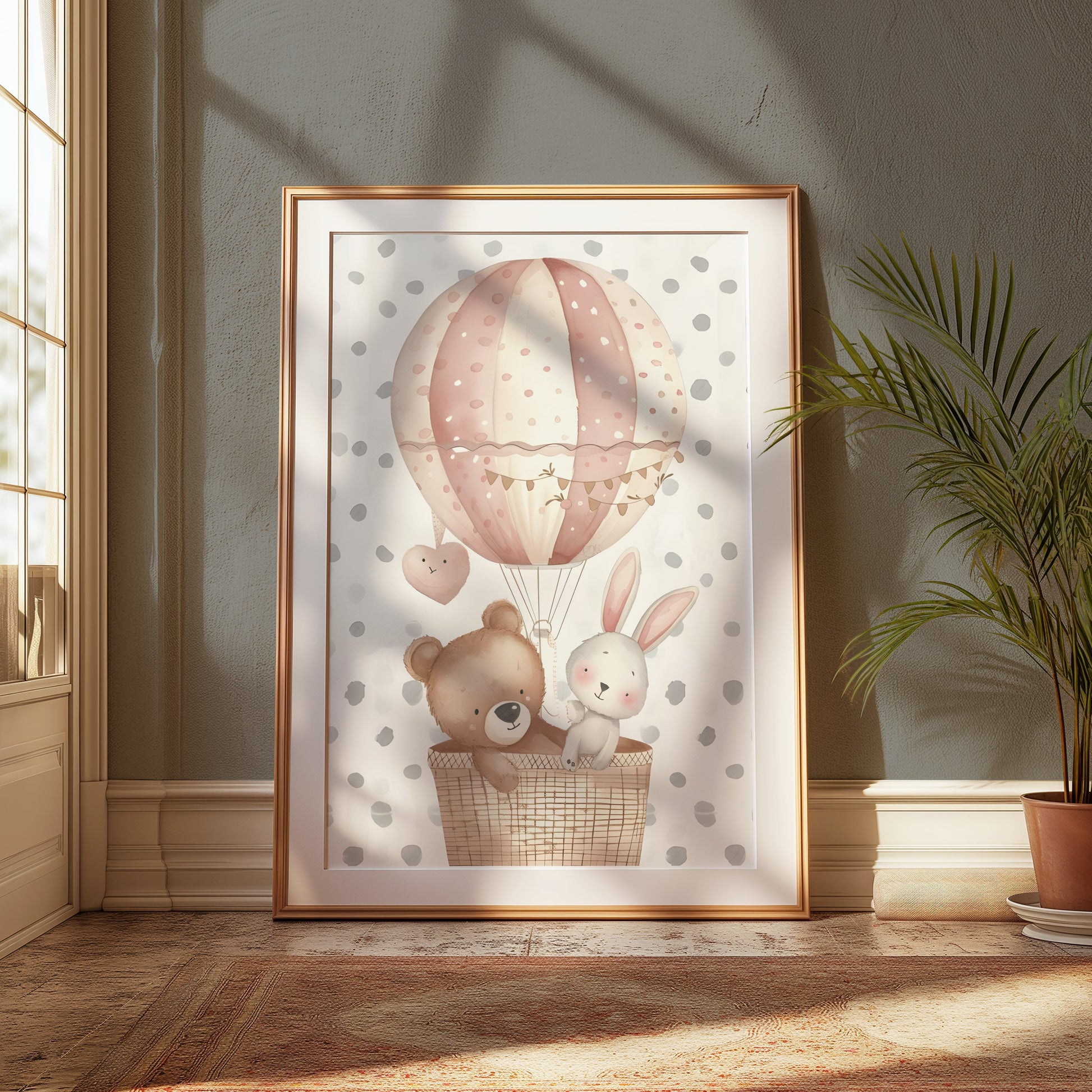 Premium Poster of Cute Bear and Rabbit in Hot Air Balloon Art Posters