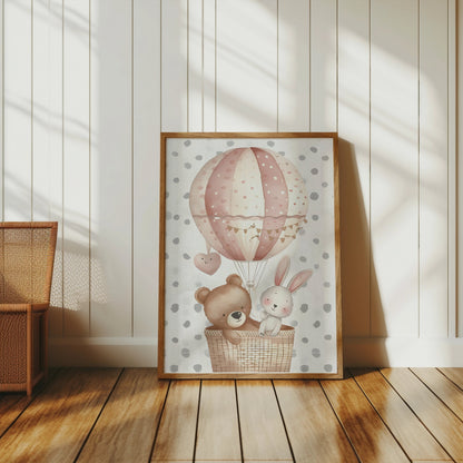 Premium Poster of Cute Bear and Rabbit in Hot Air Balloon Art Posters