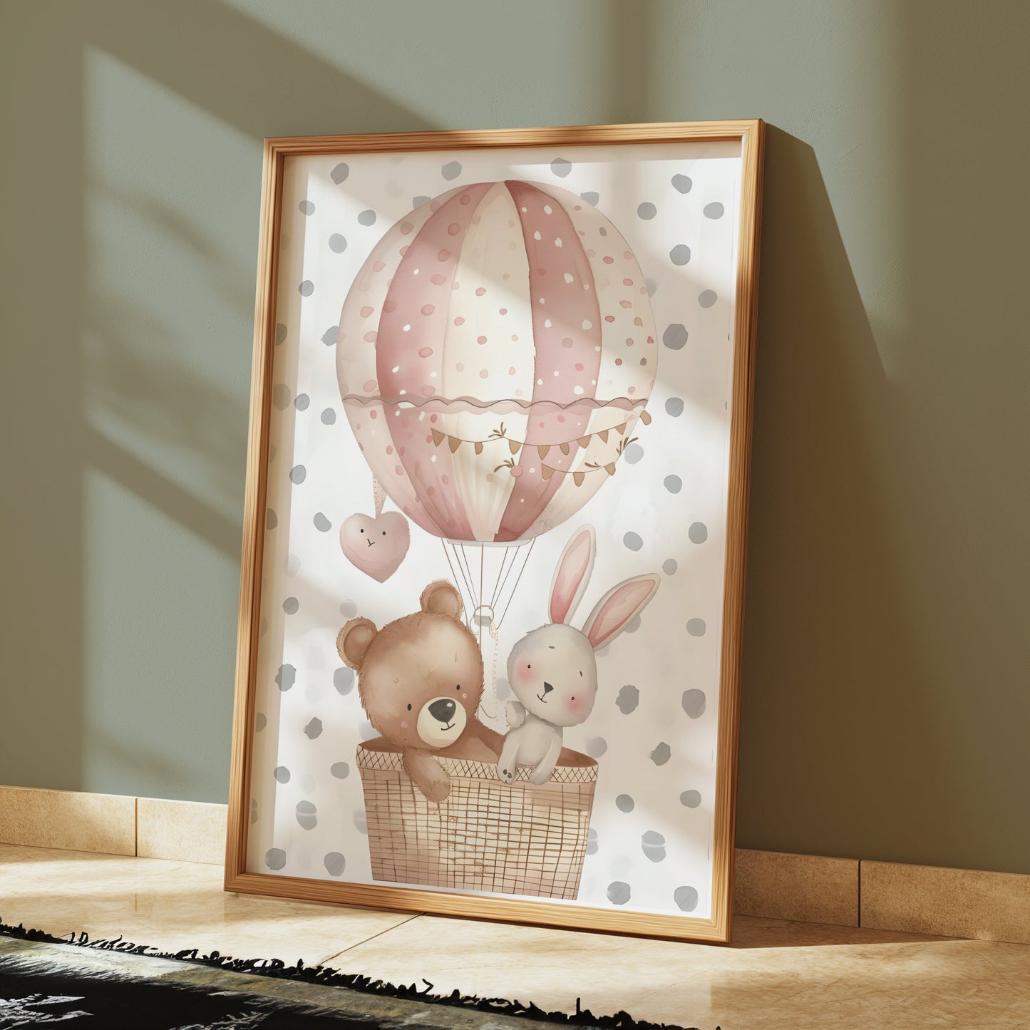 Premium Poster of Cute Bear and Rabbit in Hot Air Balloon Art Posters