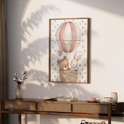 Premium Poster of Cute Bear and Rabbit in Hot Air Balloon Art Posters