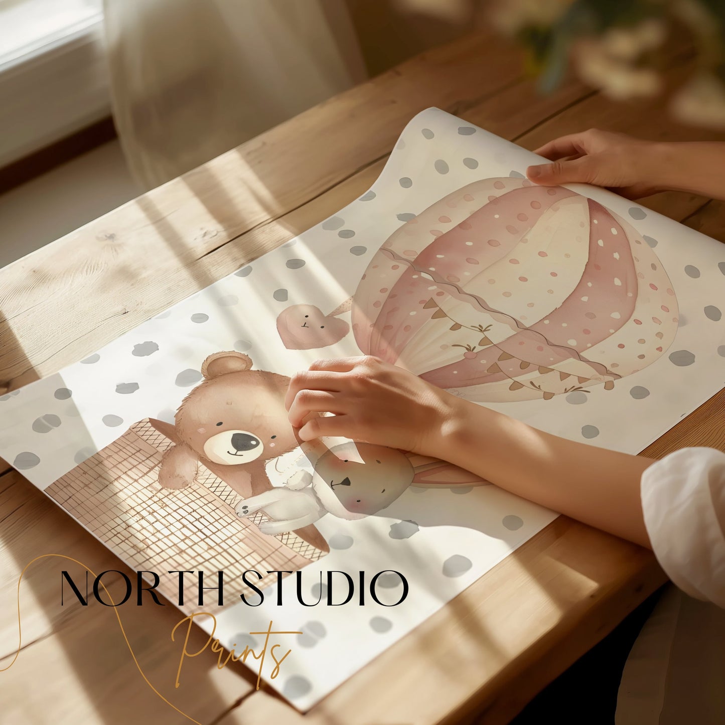 Premium Poster of Cute Bear and Rabbit in Hot Air Balloon Art Posters