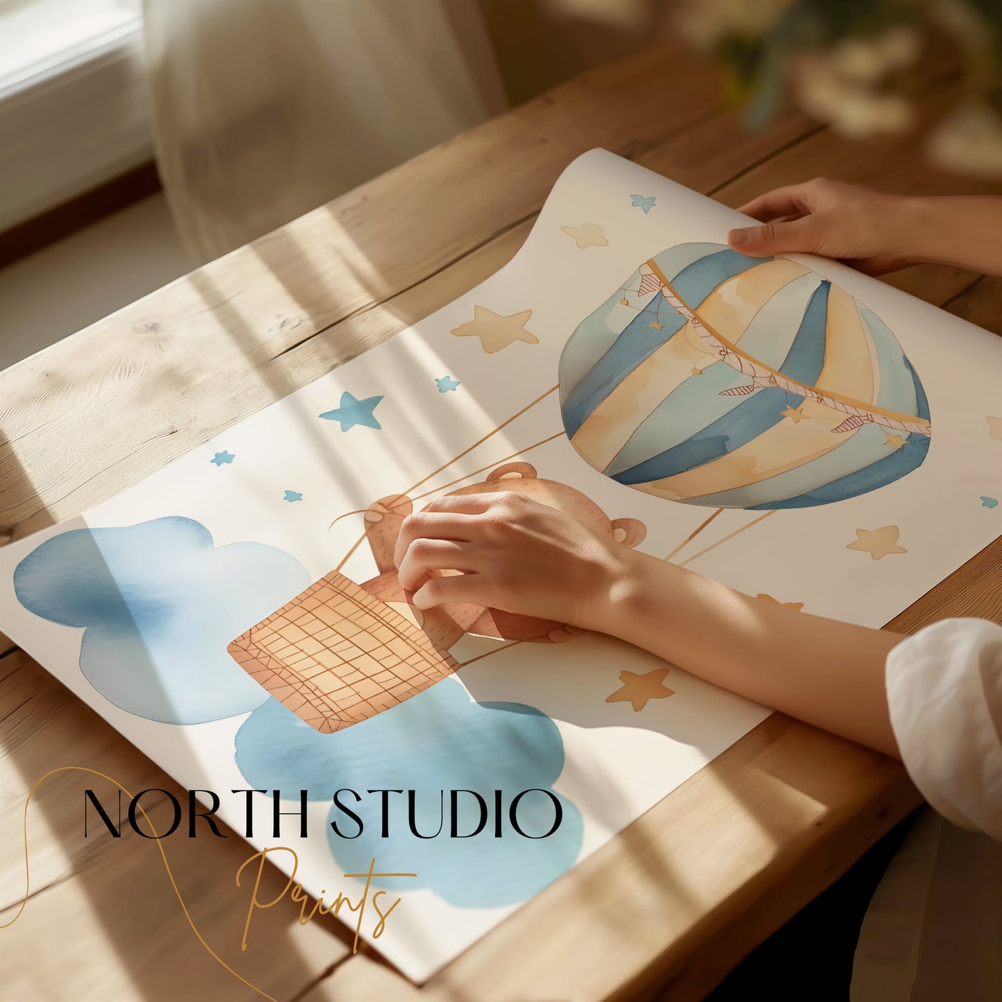 Premium Poster of Cute Bear in Hot Air Balloon with Stars Posters