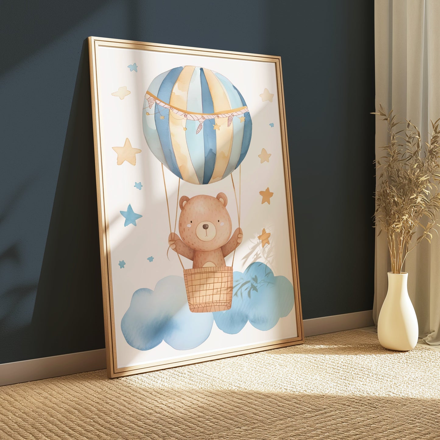 Premium Poster of Cute Bear in Hot Air Balloon with Stars Posters