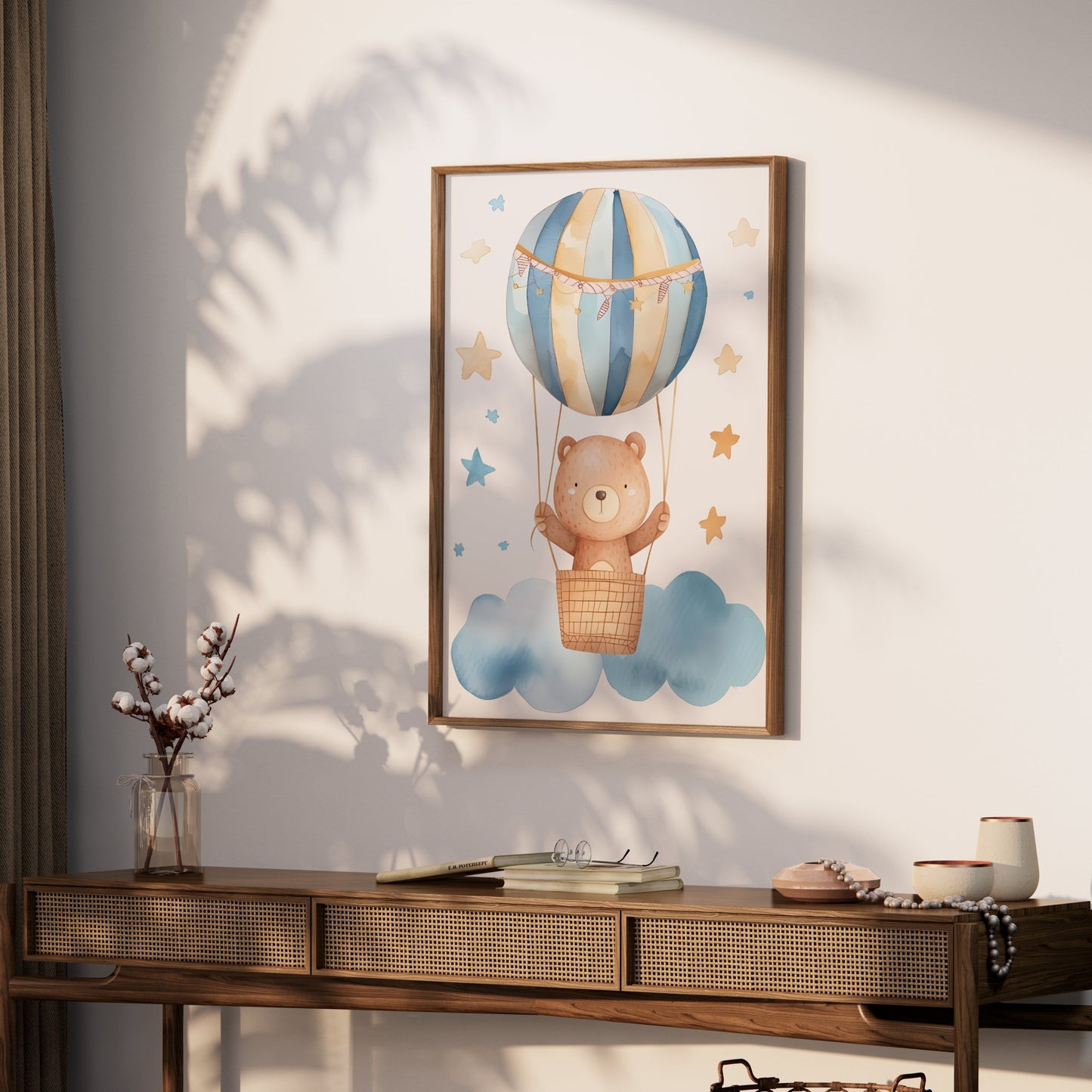 Premium Poster of Cute Bear in Hot Air Balloon with Stars Posters