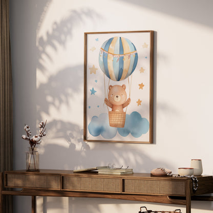 Premium Poster of Cute Bear in Hot Air Balloon with Stars Posters