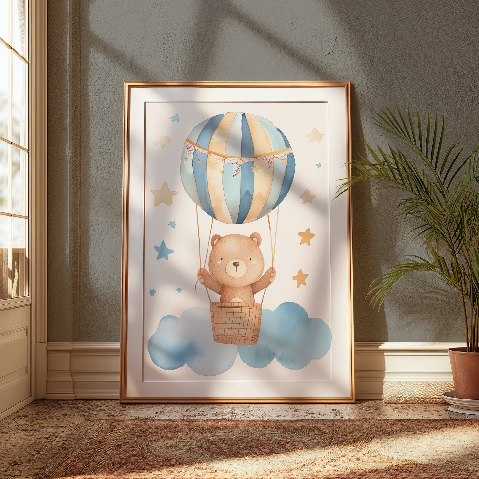 Premium Poster of Cute Bear in Hot Air Balloon with Stars Posters