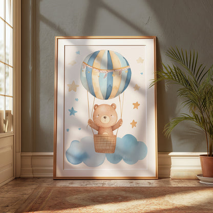Premium Poster of Cute Bear in Hot Air Balloon with Stars Posters
