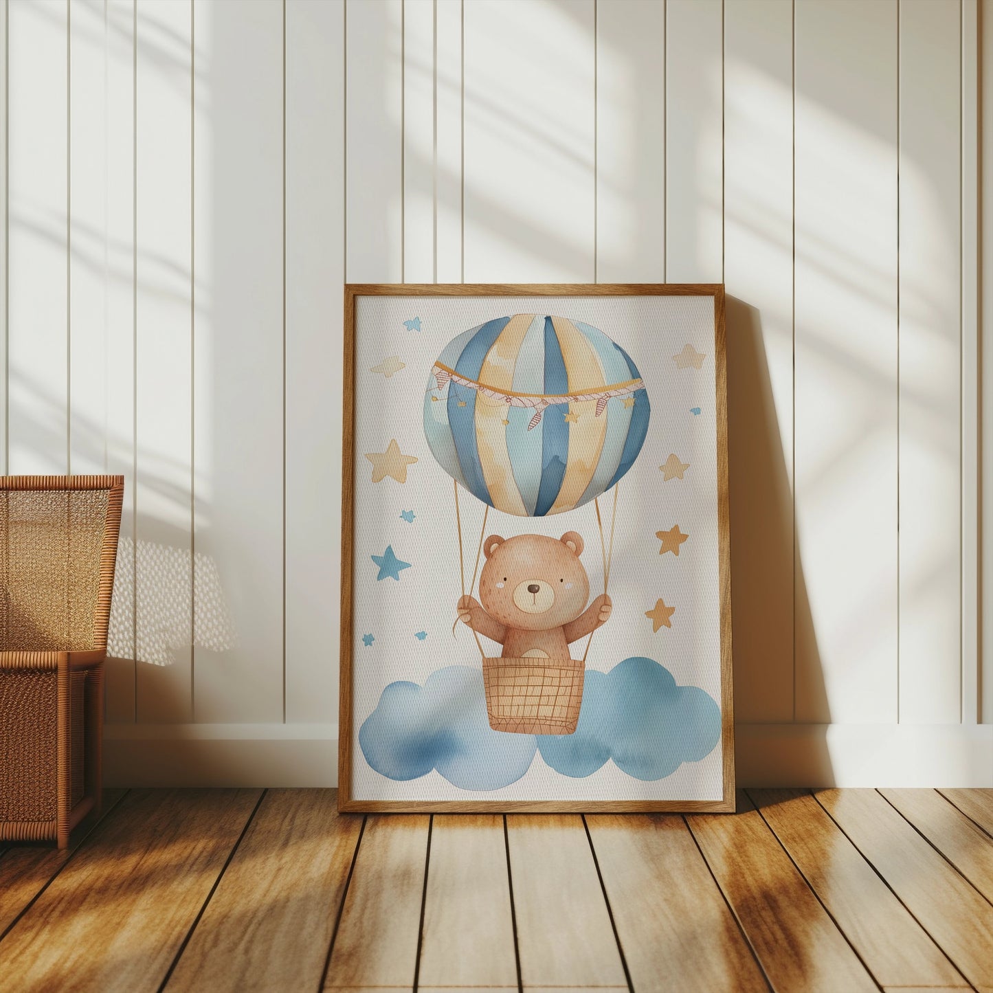 Premium Poster of Cute Bear in Hot Air Balloon with Stars Posters