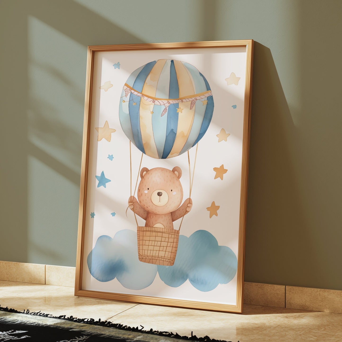 Premium Poster of Cute Bear in Hot Air Balloon with Stars Posters