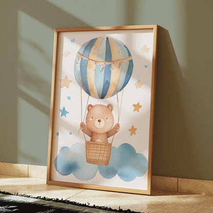Premium Poster of Cute Bear in Hot Air Balloon with Stars Posters