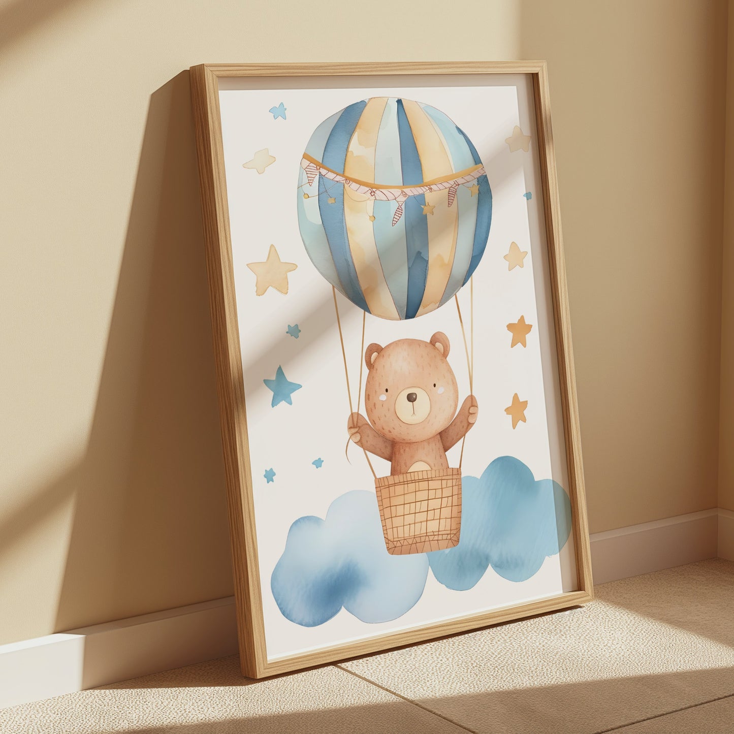 Premium Poster of Cute Bear in Hot Air Balloon with Stars Posters