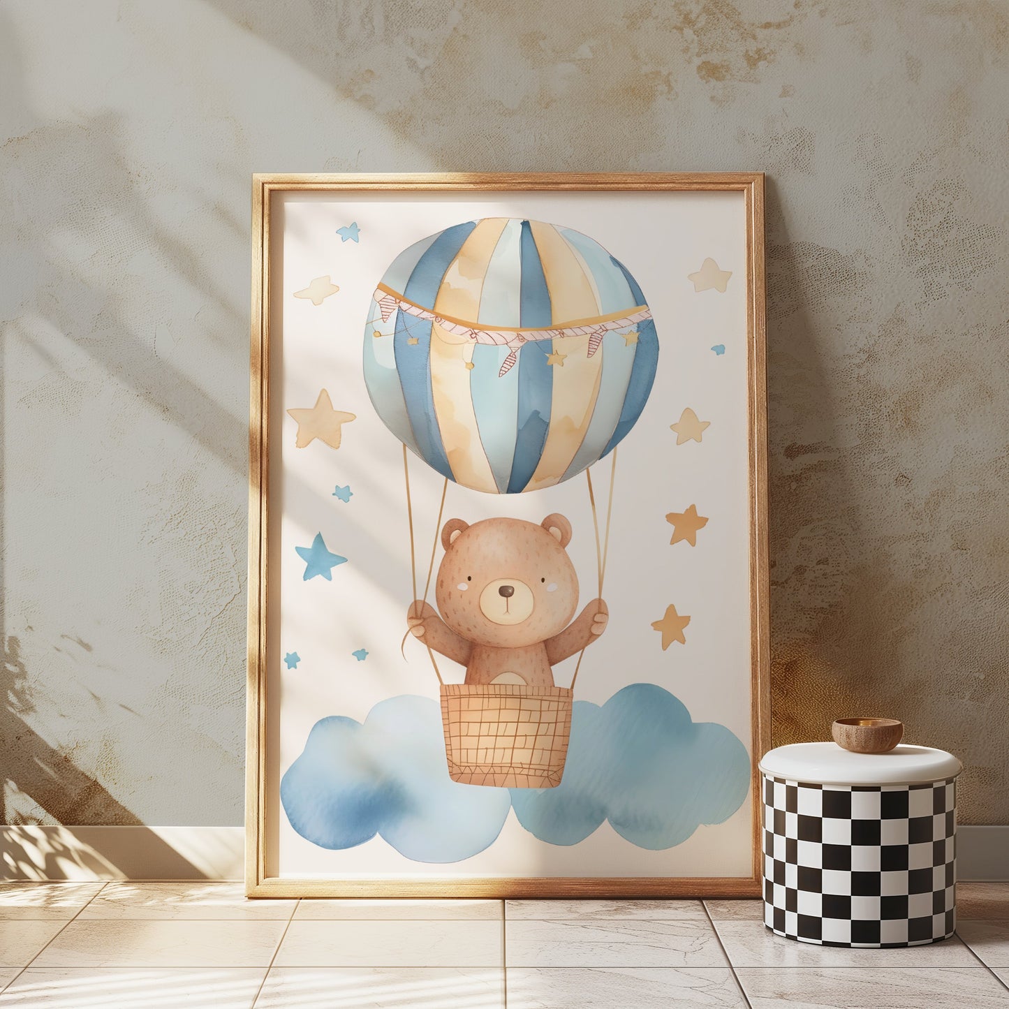 Premium Poster of Cute Bear in Hot Air Balloon with Stars Posters