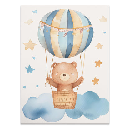 Premium Poster of Cute Bear in Hot Air Balloon with Stars Posters