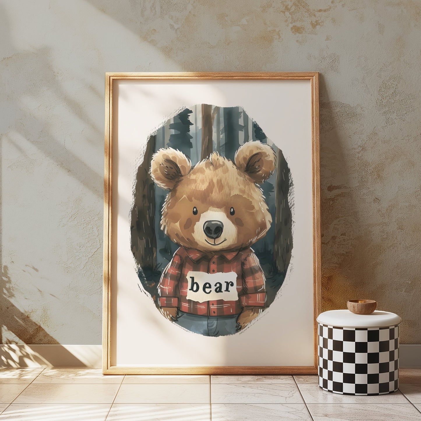 Premium Poster of Cute Bear in Plaid Shirt in Forest Illustration Posters